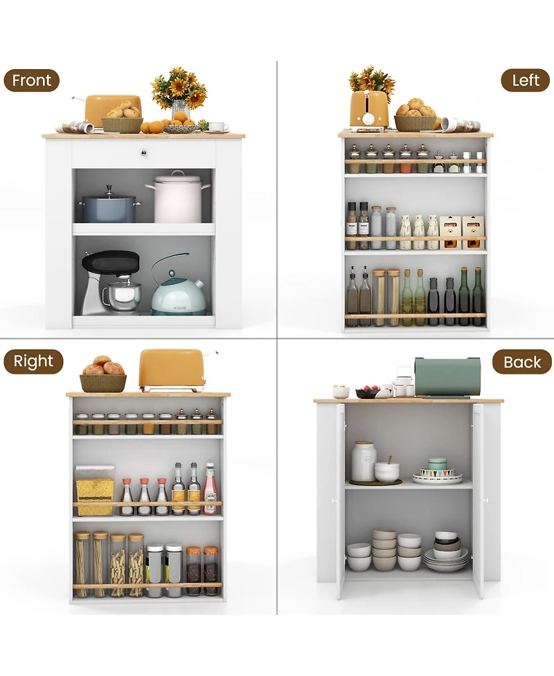Modern Kitchen Island with Rubber Wood Countertop and Storage