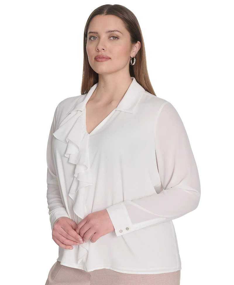 Calvin Klein Plus Georgette Long-Sleeve Ruffle-Front Blouse