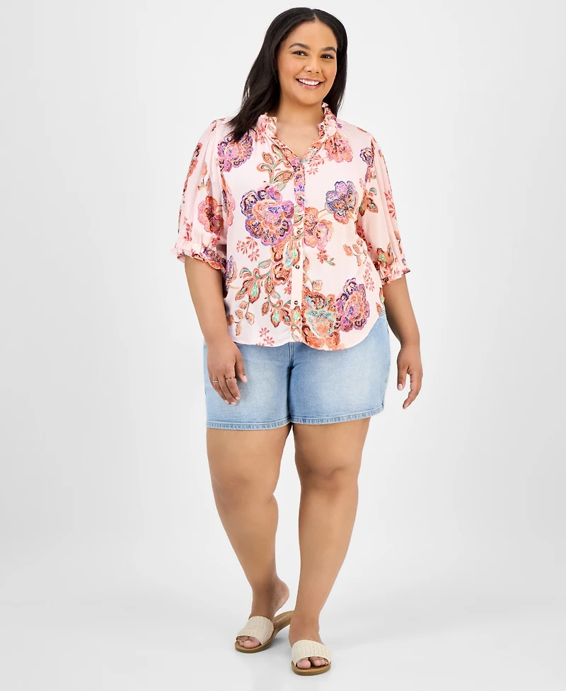 Democracy Trendy Plus Floral-Print Ruffle-Trim Blouse
