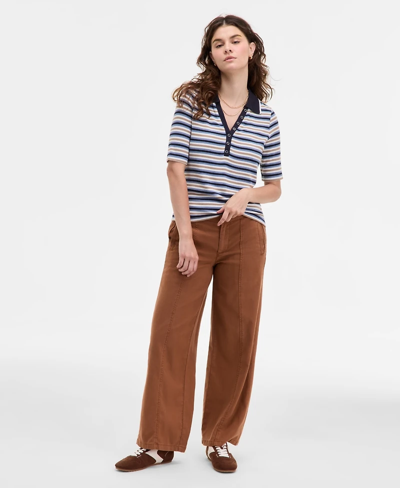 Liverpool Los Angeles Women's Striped Ribbed-Knit Collared Henley Top
