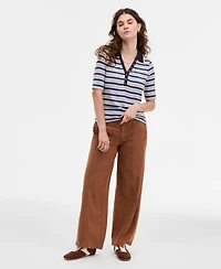 Liverpool Los Angeles Women's Striped Ribbed-Knit Collared Henley Top