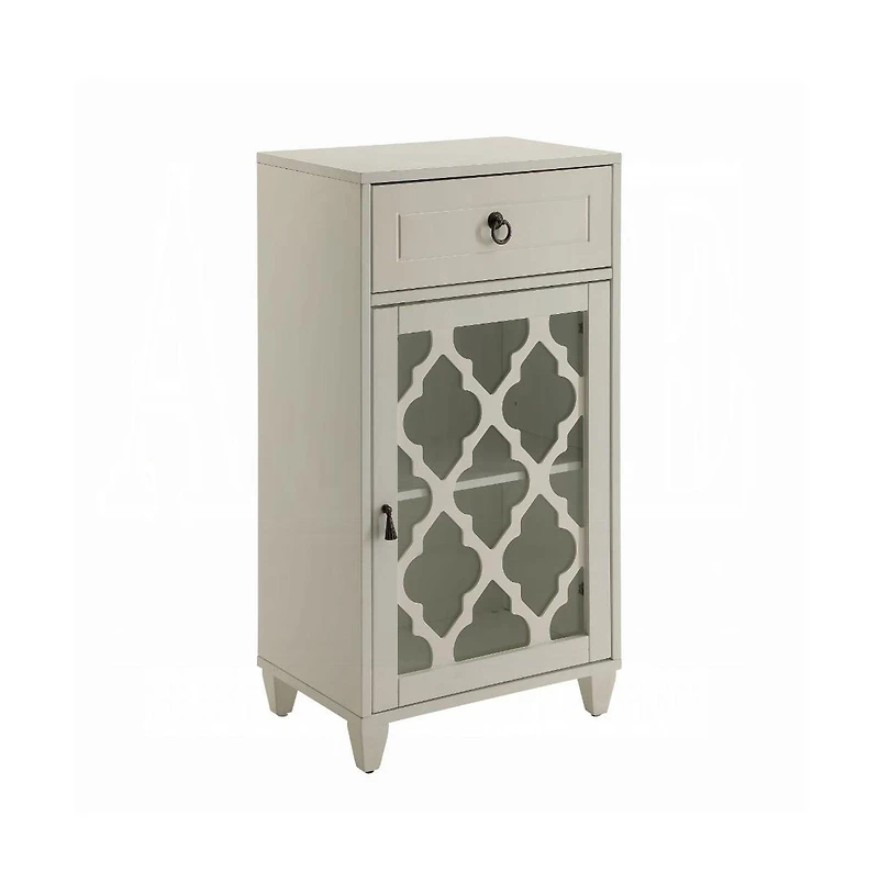 Fret Work Glass Door Cabinet with Decorative Accents and Storage