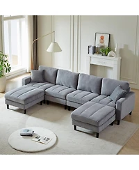 Streamdale 122.5" Oversized U-Shaped Sofa, Corduroy Fabric Sectional with Pillows & Ottomans, Grey