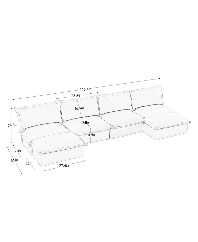 U Shape Sectional Sofa, Armless with Ottoman and French Edge