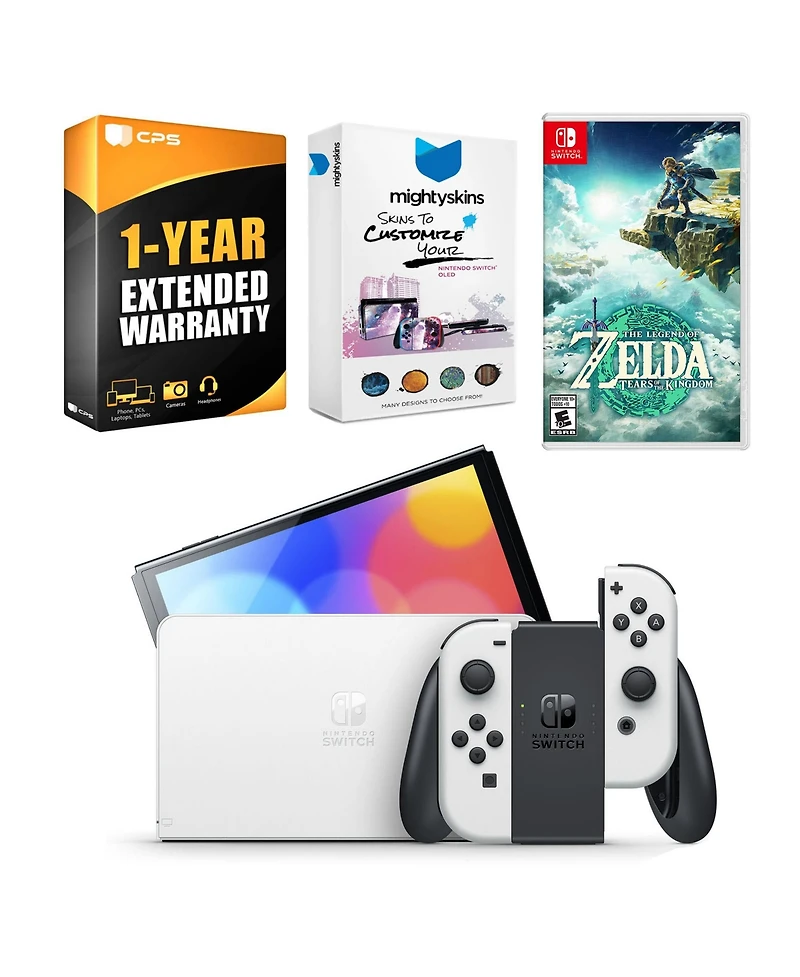 Nintendo Switch White Oled Console with The Legend of Zelda: Tears of the Kingdom, MightySkins Console and Controller Skin Voucher