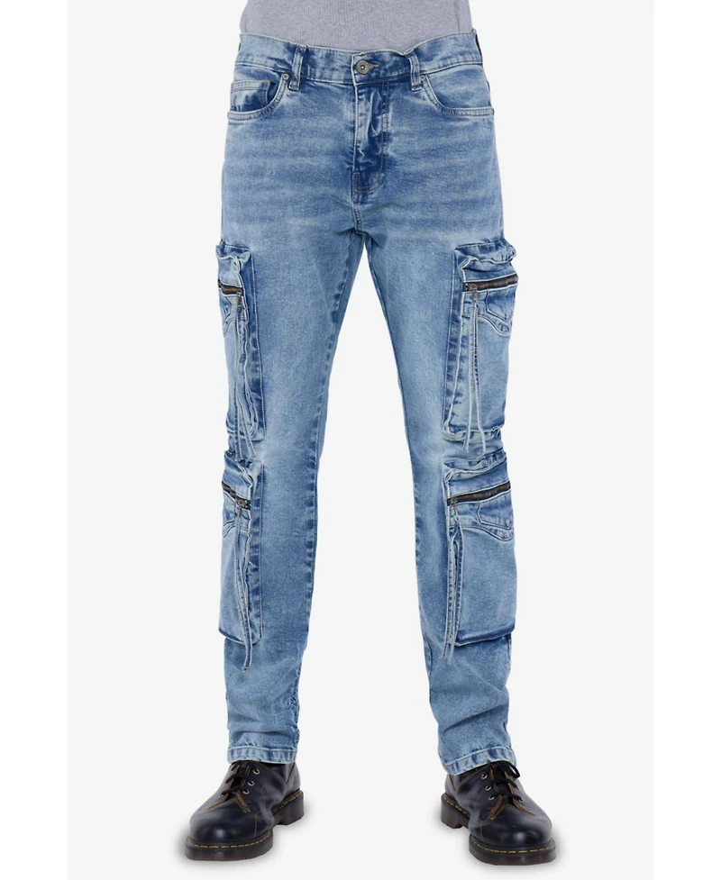 Raw X Men's All Over Zipper Cargo Pocket Straight Fit Fashion Jeans