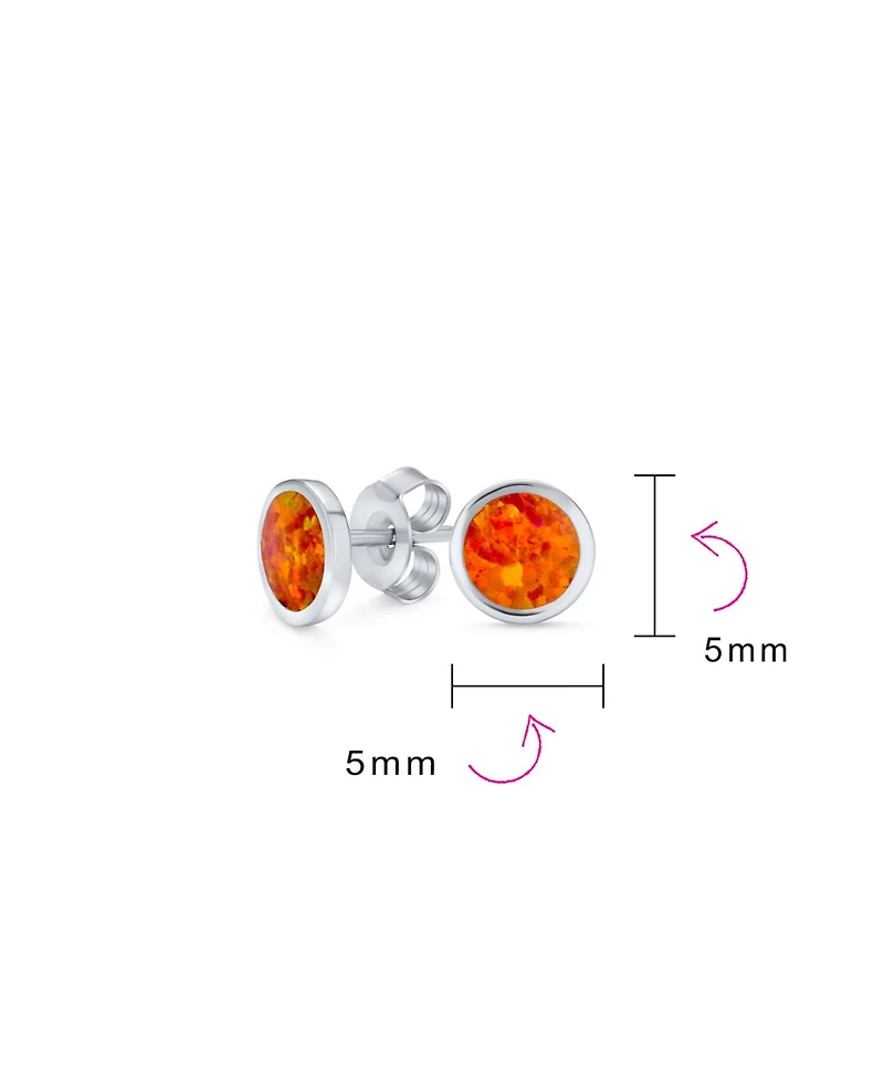 Bling Jewelry Classic Iridescence Bezel Setting Flat Round Circle Created Orange Fire Opal Stud Earrings Gold Plated .925 Sterling Silver Small 5MM