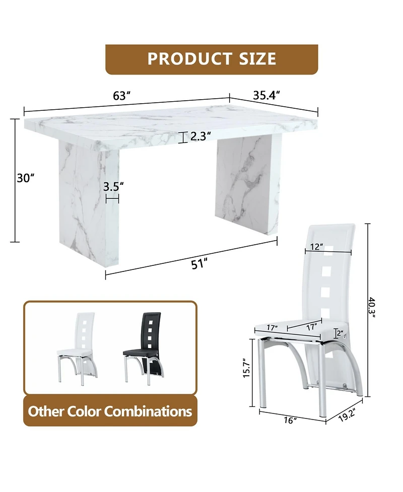 White Marble Dining Set - 4 Pu Chairs, Silver Legs