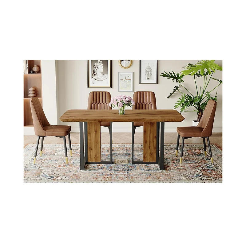 Streamdale Wood-Textured Mdf Dining Set 67" Table and 4 Brown Suede Chairs