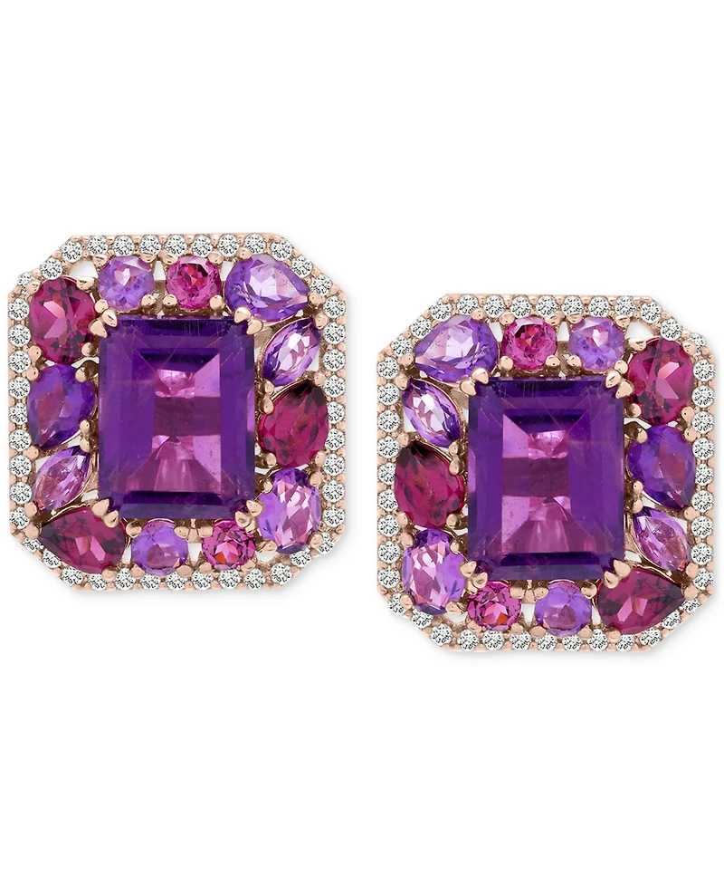 Amethyst (6-1/5 ct. t.w.), Rose de France Amethyst (1-5/8 ct. t.w.) & Diamond (1/2 ct. t.w.) Halo Stud Earrings in 14k Rose Gold