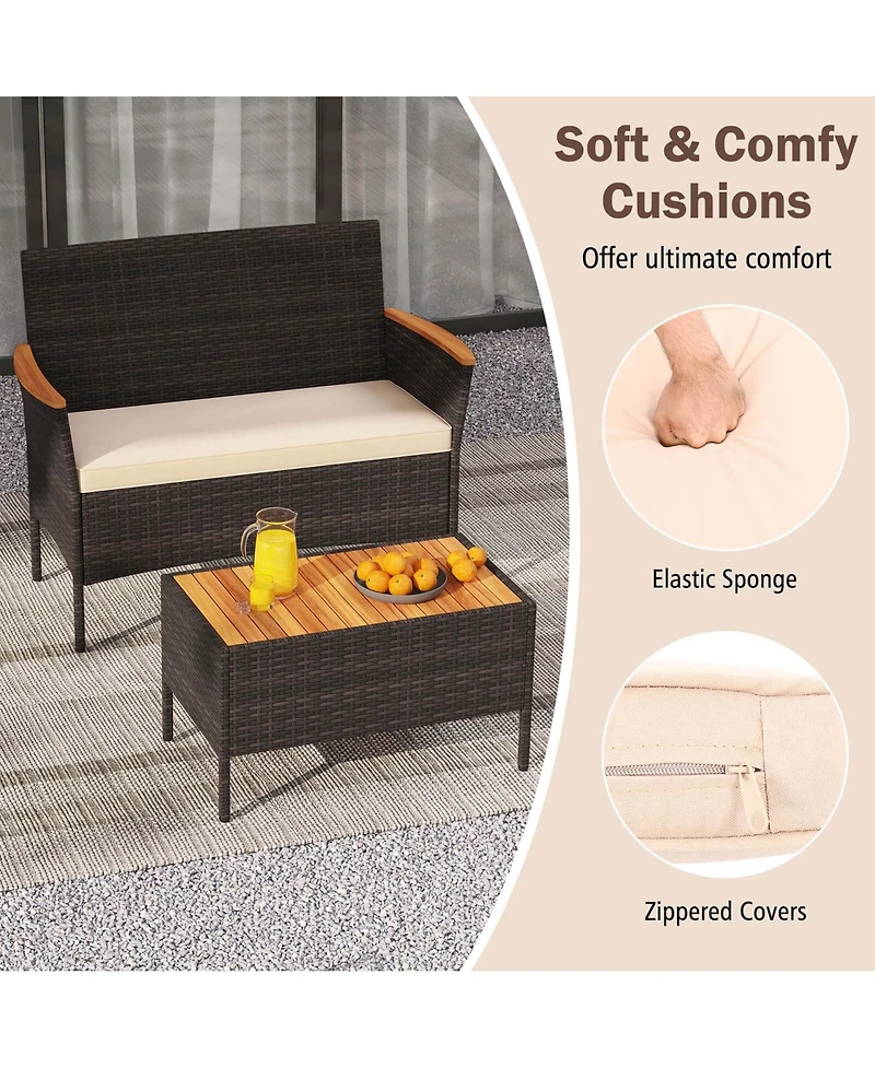 4 Pcs Patio Wicker Sofa Set with Coffee Table Acacia Wood Armrests & Tabletop