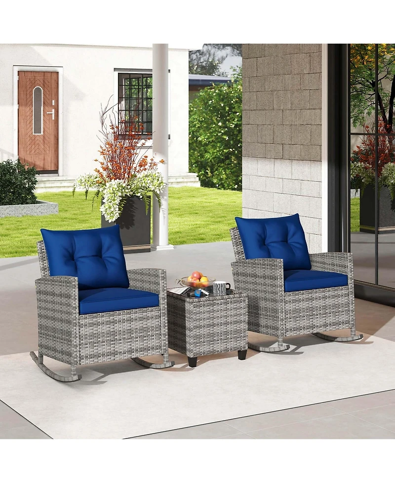 3 Pcs Patio Wicker Rocking Set with Tempered Glass Table & Soft Cushions Outdoor