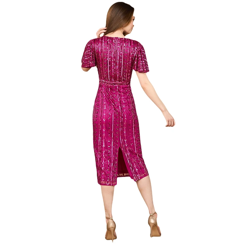 Lara Women's Beaded Midi Dress with Flutter Sleeves
