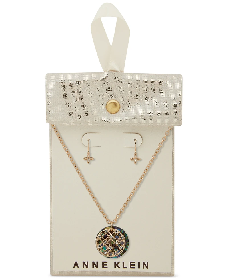 Anne Klein Gold-Tone Pave Filigree & Mother-of-Pearl Disc Pendant Necklace Drop Earrings Set