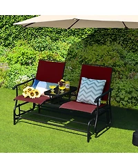 2-Person Double Rocking Loveseat with Mesh Fabric and Center Tempered Glass Table