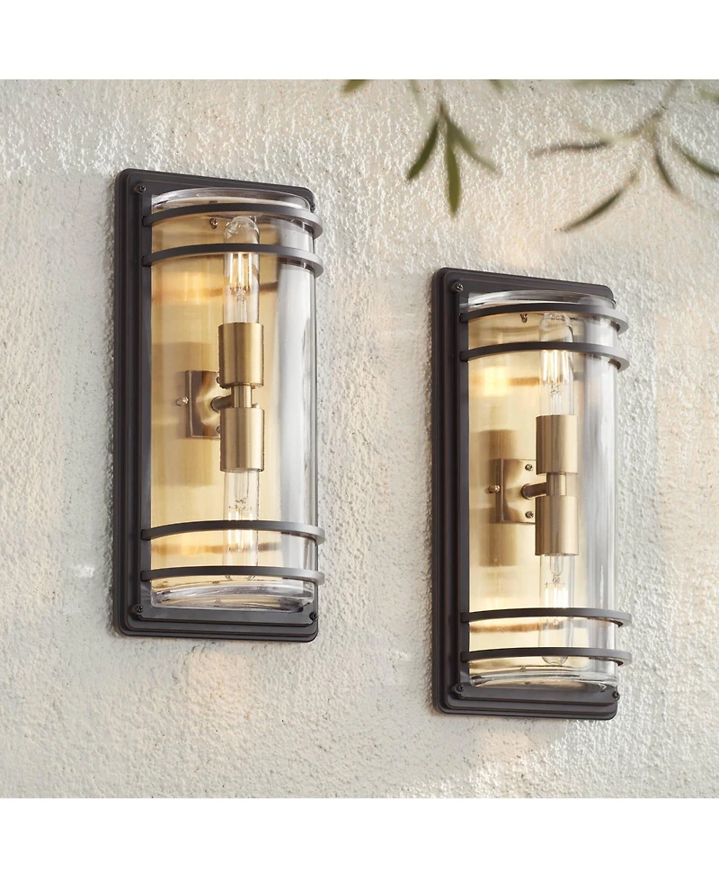 John Timberland Habitat Modern Industrial Outdoor Wall Light Fixtures Set of 2 Bronze Brass 16" Clear Glass for Post Exterior Barn Deck