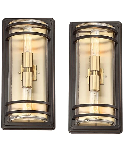 John Timberland Habitat Modern Industrial Outdoor Wall Light Fixtures Set of 2 Bronze Brass 16" Clear Glass for Post Exterior Barn Deck