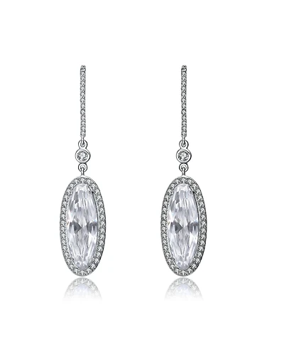 Sterling Silver White Gold Plating with Clear Cubic Zirconia Halo Dangle Earrings