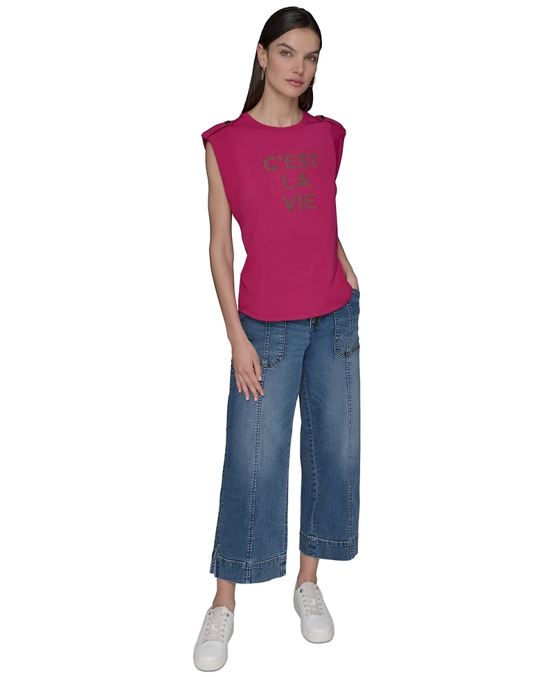 Karl Lagerfeld Paris Women's Studded C'est La Vie Top