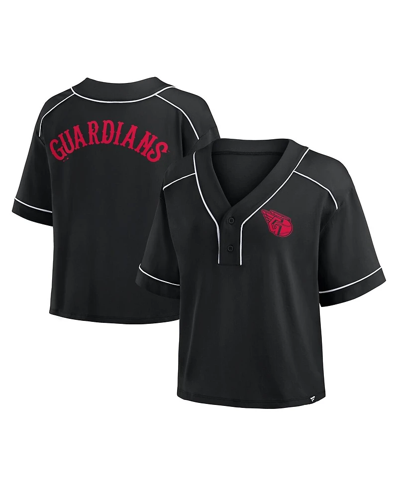 Fanatics Women's Black Cleveland Guardians Oversized Champ Game Cropped V-Neck T-Shirt