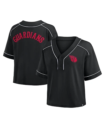 Fanatics Women's Black Cleveland Guardians Oversized Champ Game Cropped V-Neck T-Shirt