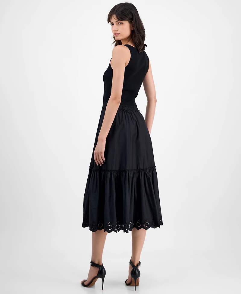 T Tahari Women's Ribbed Tiered-Skirt Embroidered-Hem Midi Dress