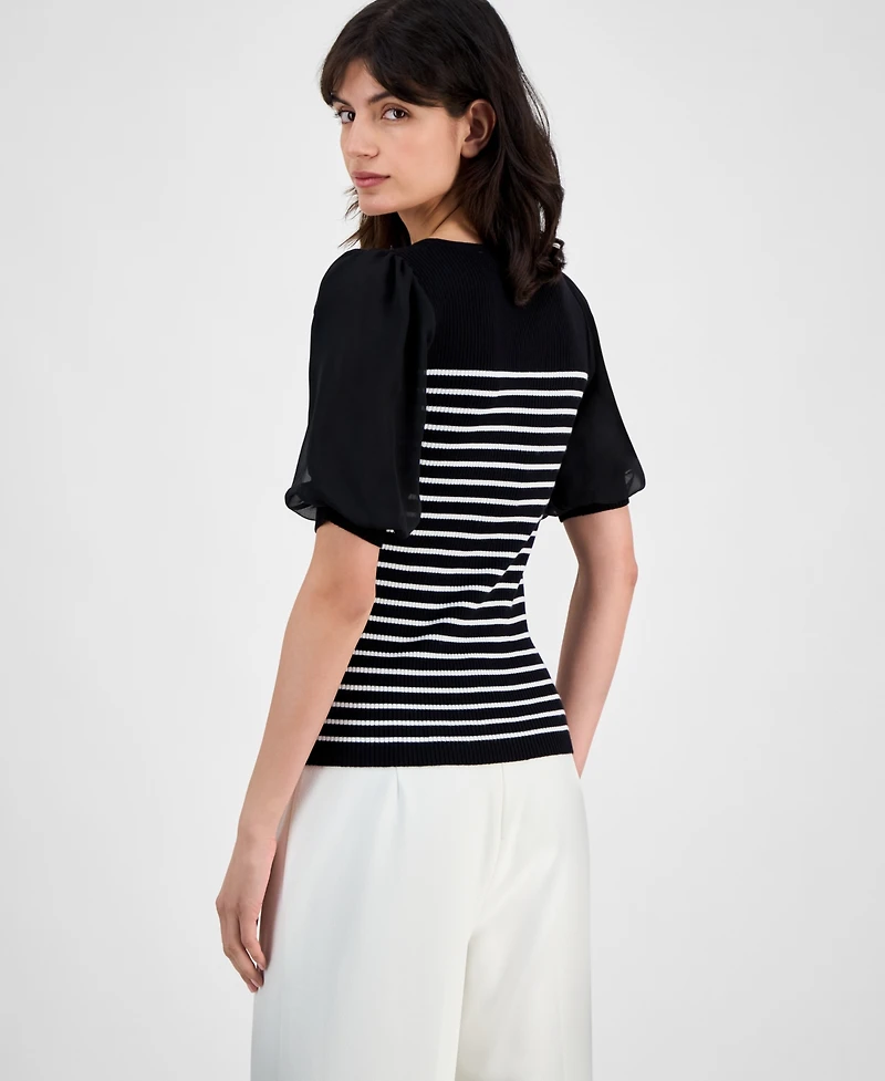 T Tahari Women's Striped Puffed-Sleeve Ribbed Top