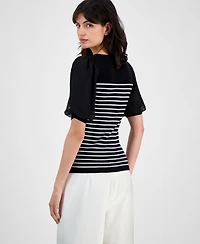 T Tahari Women's Striped Puffed-Sleeve Ribbed Top