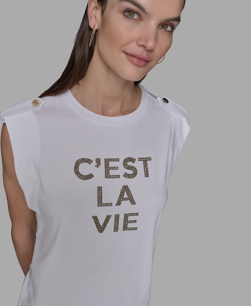 Karl Lagerfeld Paris Petite C'est La Vie Studded Top