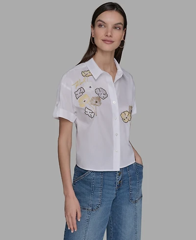 Karl Lagerfeld Paris Petite Cotton Embroidered Studded Blouse