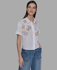 Karl Lagerfeld Paris Petite Cotton Embroidered Studded Blouse