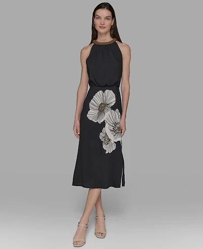 Karl Lagerfeld Paris Petite Beaded-Neck Floral-Graphic Dress