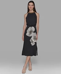 Karl Lagerfeld Paris Petite Beaded-Neck Floral-Graphic Dress