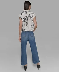 Karl Lagerfeld Paris Petite Floral-Print Drawcord-Hem Blouse