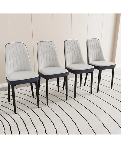 Set of 4 White and Blue Modern Pu Leather Dining Chairs with Metal Legs