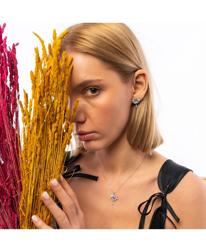 Spero London Pansy Violet Floral Earring in Sterling Silver