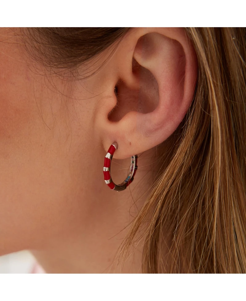 Spero London Enamel Red Fine Stripe Sterling Silver Hoop Earrings With Multi Color Zirconia Interior