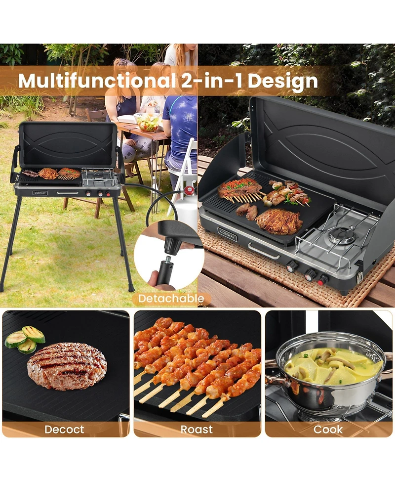 2-in-1 Gas Camping Grill and Stove with Detachable Legs-Black