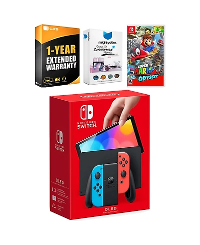 Nintendo Switch Neon Red & Blue Oled Console with Super Mario Odyssey, MightySkins Console and Controller Skin Voucher