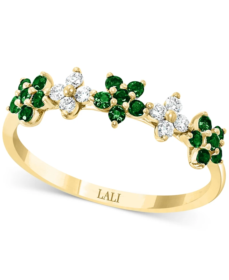 Lali Jewels Emerald (1/3 ct. t.w.) & Diamond (1/6 ct. t.w.) Five Flower Ring in 14k Gold (Also in White Gold)