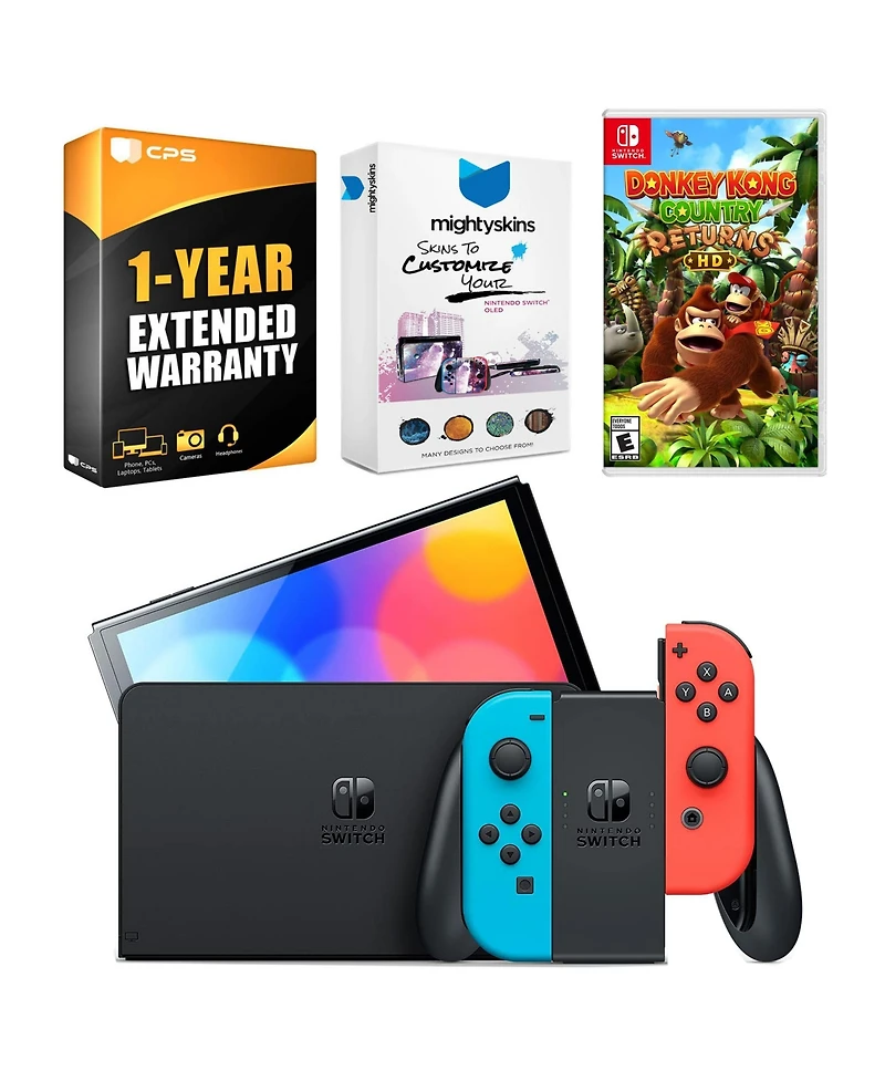 Nintendo Switch Neon Red & Blue Oled Console with Donkey Kong Returns Hd, MightySkins Console and Controller Skin Voucher