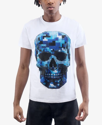 heads or tails Men's Pixel Skull Rhinestone Crew T-Shirt