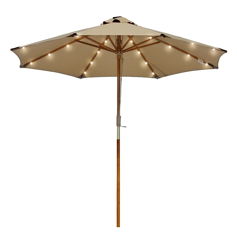 LAGarden Boho 32 Led 9Ft Wood Market Patio Umbrella with Solar Lights for Bar Hotel Resort Alfresco Dining Rooftop Restauran Mocha
