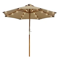 LAGarden Boho 32 Led 9Ft Wood Market Patio Umbrella with Solar Lights for Bar Hotel Resort Alfresco Dining Rooftop Restauran Mocha