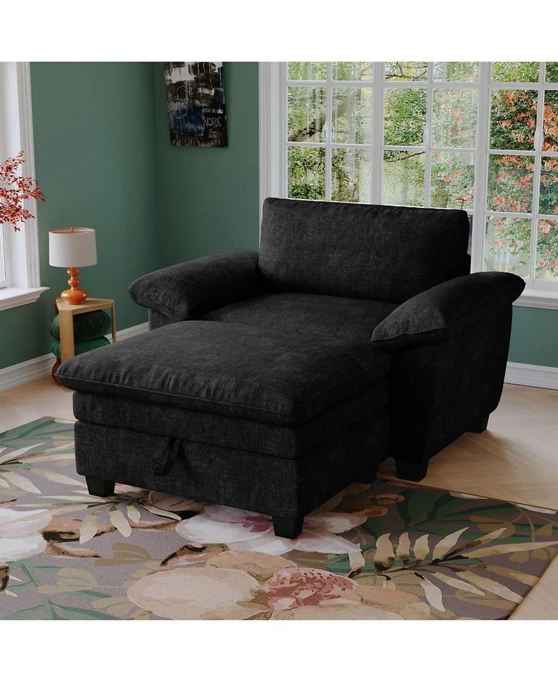 Streamdale 51" Black Chenille Chaise Lounge with Ottoman & Storage
