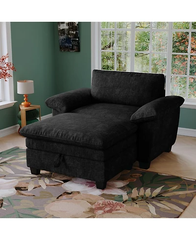 Streamdale 51" Black Chenille Chaise Lounge with Ottoman & Storage