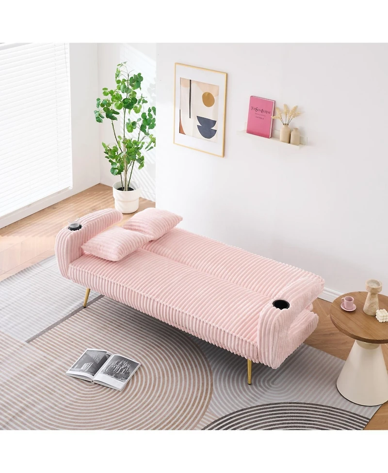 Streamdale White Corduroy Sofa with Pillows - Minimalist Living Room/Study