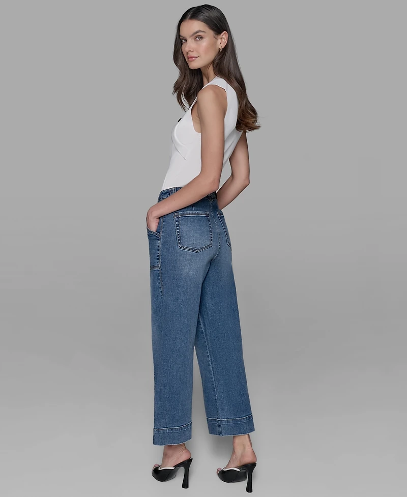 Karl Lagerfeld Paris Petite High Rise Cropped Wide-Leg Jeans