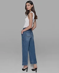 Karl Lagerfeld Paris Petite High Rise Cropped Wide-Leg Jeans
