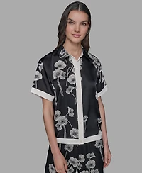 Karl Lagerfeld Paris Petite Short-Sleeve Multi-Print Camp Shirt
